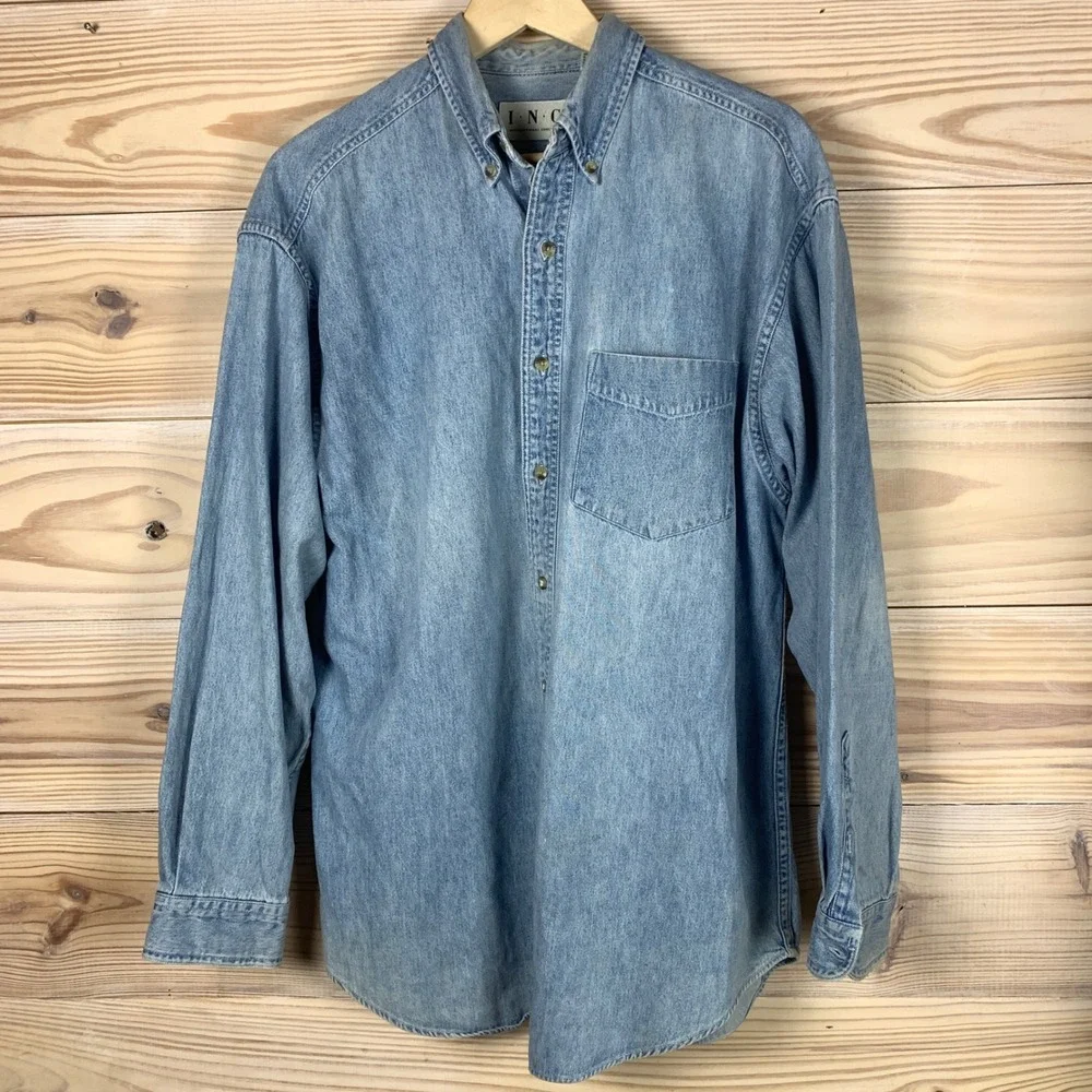 INC Denim Shirt Mens M‎ Blue Chambray Long Sleeve Workwear VTG 90s Hong Kong